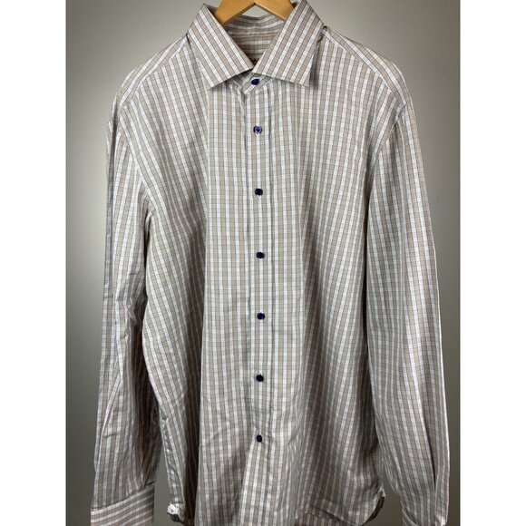 $395.00 Isaia Napoli Tan/Blue/White Dress Shirt 18 36/37